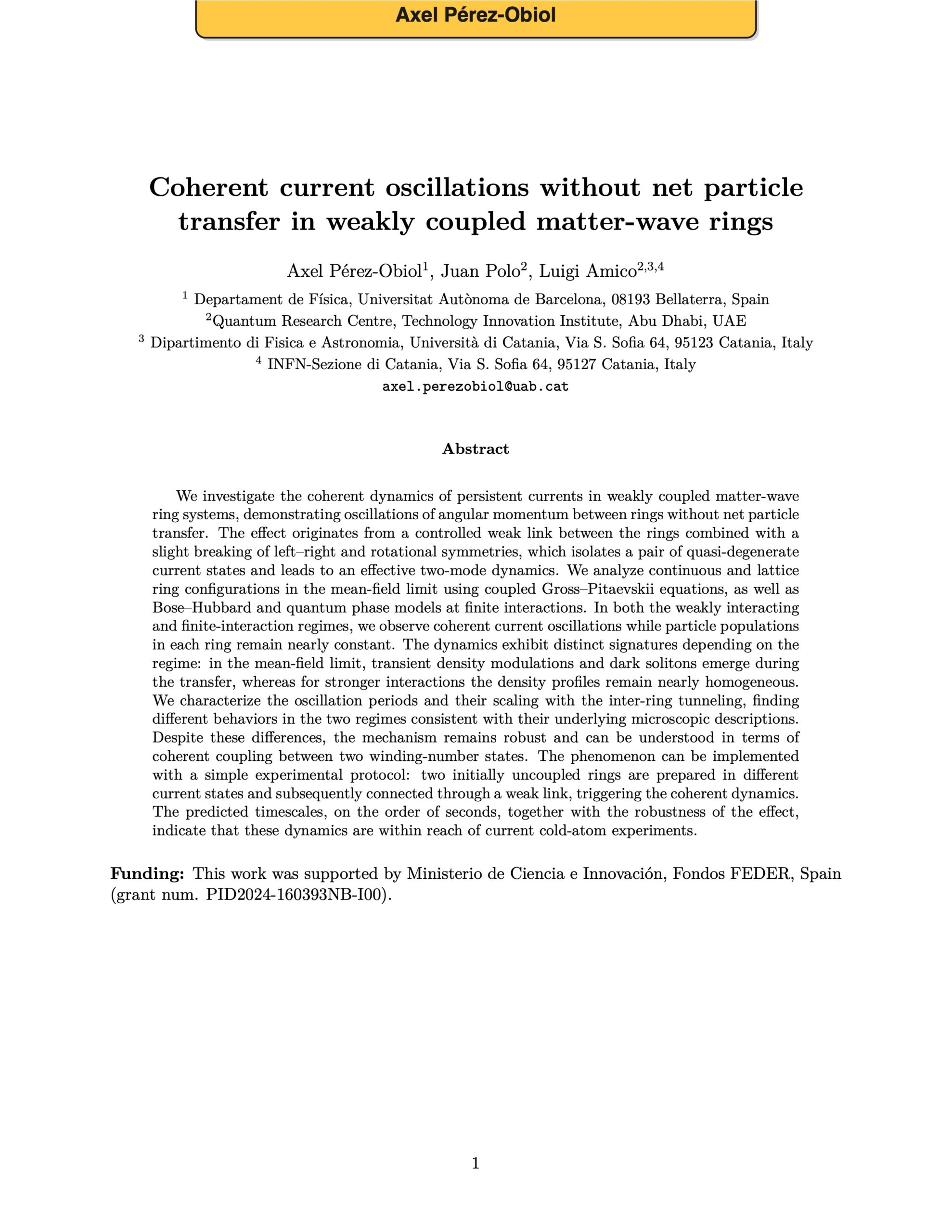 Coherent current oscillations without net particle transfer in weakly coupled matter-wave rings