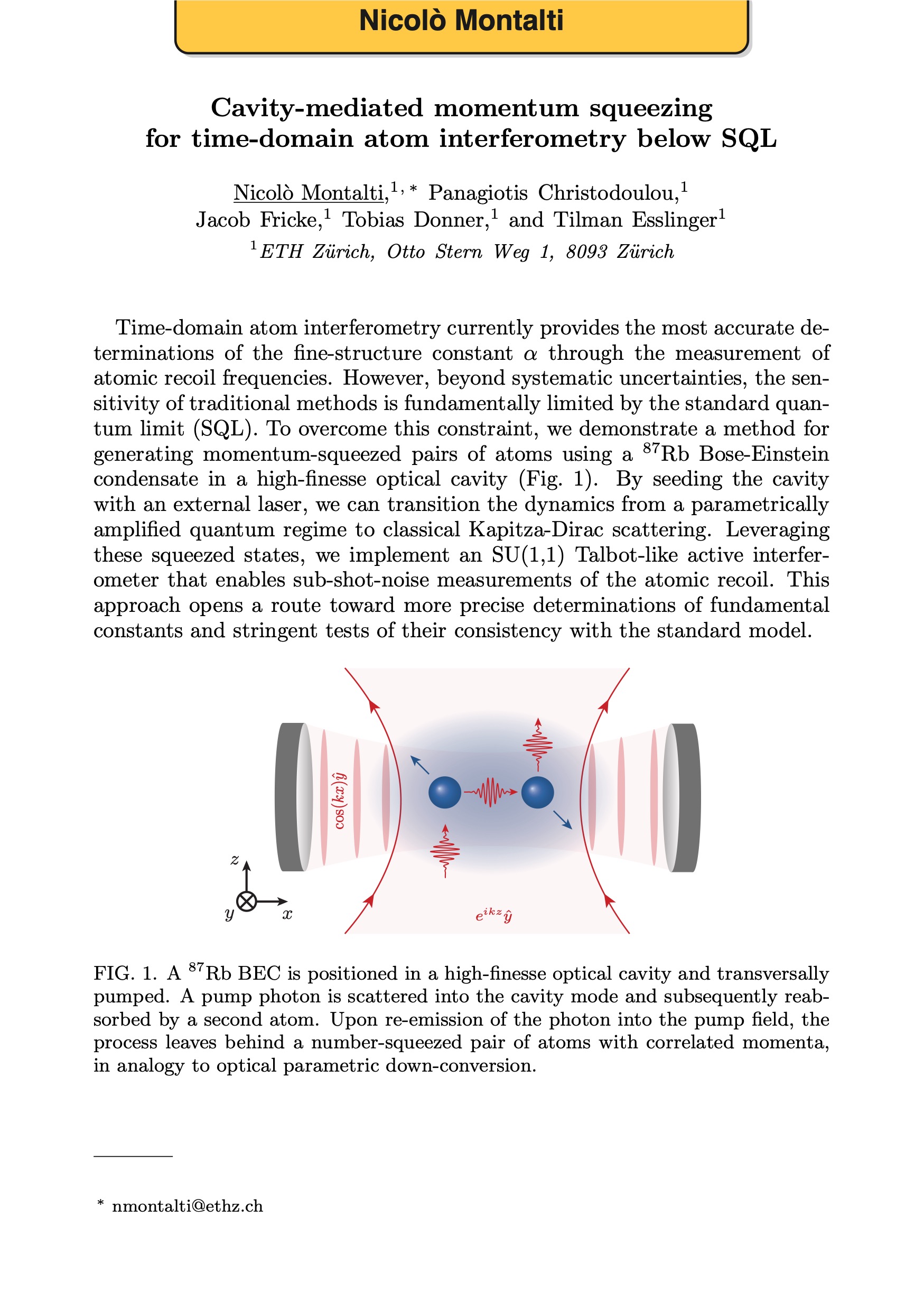 Cavity-mediated momentum squeezing for time-domain atom interferometry below SQL