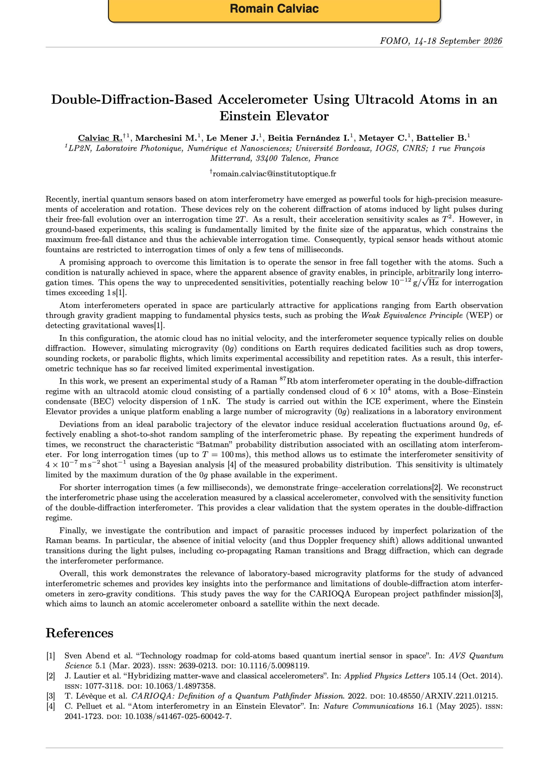 Double-Diffraction-Based Accelerometer Using Ultracold Atoms in an Einstein Elevator
